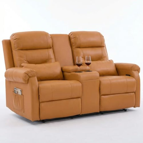 MANBUR RV Reclining Loveseat Sofa with Console, Wall Hugger Recliner Sofa, Double Recliner Home Movie Theater Seating with Cup Holders & Storage (Faux Leather Orange) MANBUR