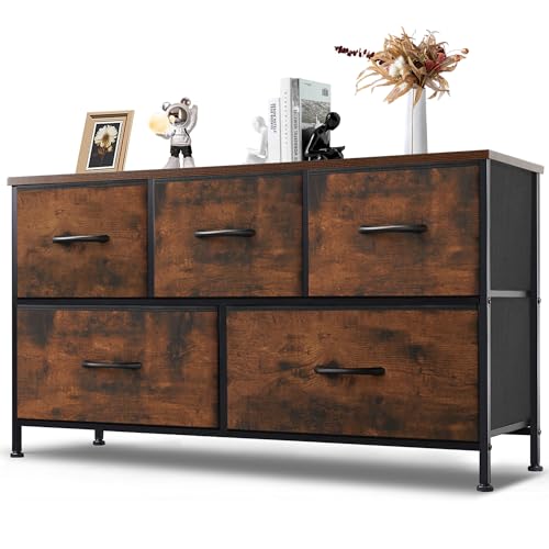 Horshod Dresser for Bedroom, 5 Storage Drawers, Wide Fabric Closet Chests Organizer Tower Furniture with Wooden Top Metal Frame for Clothes, Kids Room, Living Room, Hallway, Entryway - WoodArtSupply