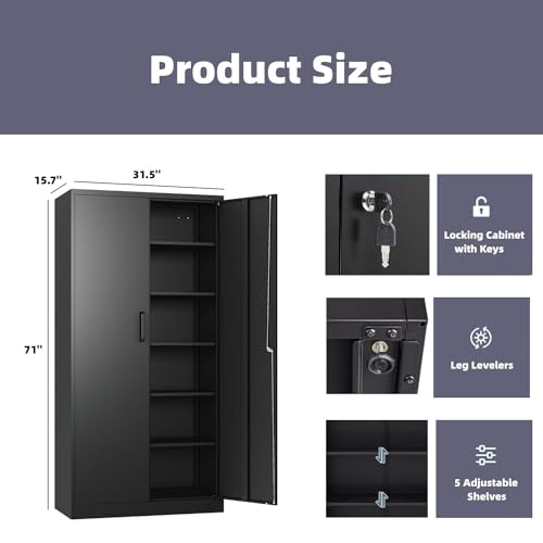 Allouncer Metal Storage Cabinet with 5 Adjustable Shelves, Pantry Cabinet with 2 Doors, Lockable Garage Storage Cabinet, Tool Cabinet, File Storage Cabinets -71" Black