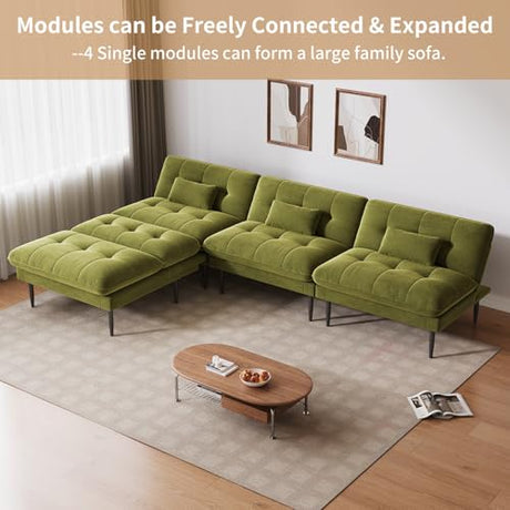 NEDYO 70 inch Convertible Futon Sofa Bed, Velvet Sleeper Sofa with Adjustable Backrest, Thick Fill and Convertible Modules, 4 in 1 Loveseat Couch for Living Room, Olive Green NEDYO
