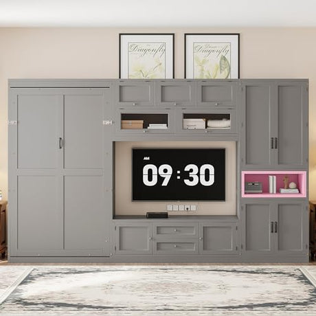 Ball & Cast Twin Size Murphy Bed with Integrated TV Stand and 2 Storage Drawers,Wood Hideaway Wall Beds w/Shelves & Cabinets,can be Folded,Space-Saving,for Small Room,Dorms,Color-Blocking Design,Gray Ball & Cast