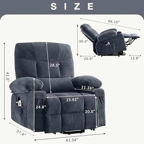 Power Lift Recliner Chair for Elderly, Electric Massage Recliner with Lumbar Heat, Fabric Single Sofa with 2 Cup Holders, USB Ports & Side Pockets, Infinite Position Motorized Chair for Living Room PoteSoar