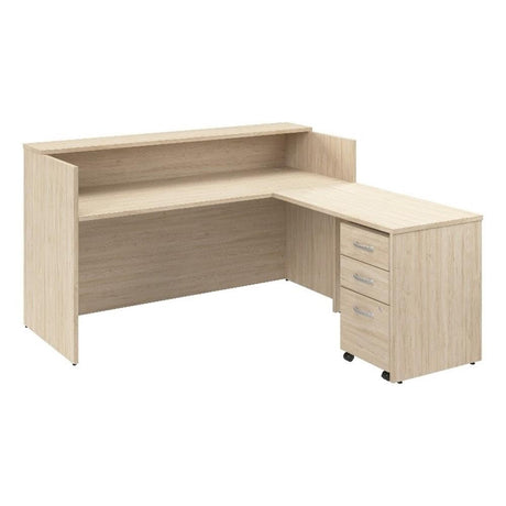 Bush Business Furniture Arrive 72W x 72D L Shaped Reception Desk with Shelf and Mobile File Cabinet in Natural Elm, Modern Receptionist Station for Office Waiting Room Bush Furniture
