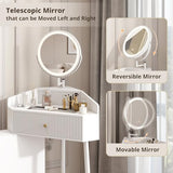 ARTETHYS Corner Vanity Desk with Retractable and Rotating Mirror and Lights Small Modern White Makeup Vanity Set with Glass Top for Women Compact Girls Dressing Table with Drawer for Small Space ARTETHYS