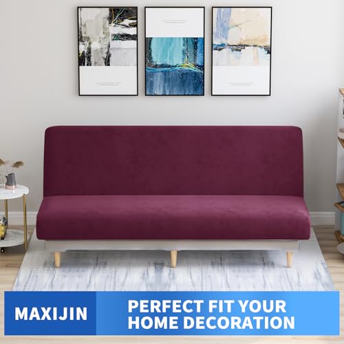 MAXIJIN Velvet Futon Cover Full Size Stretch Futon Mattress Cover Thick Soft Armless Sofa Bed Slipcover Plush Couch Furniture Protector with Elastic Bottom, Machine Washable (Wine Red) MAXIJIN