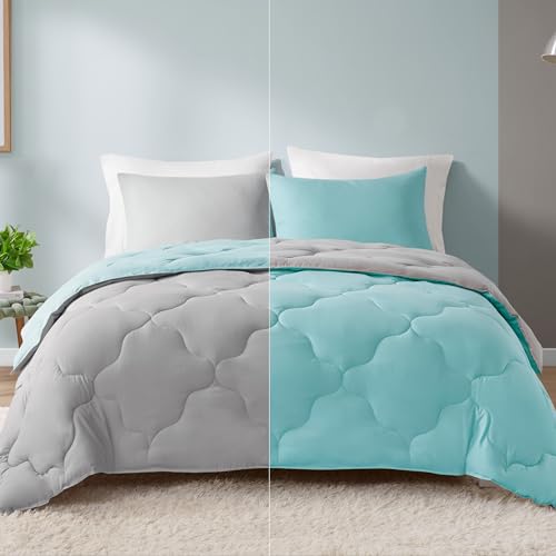 Comfort Spaces Vixie Reversible Comforter Set - Trendy Casual Geometric Quilted Cover, All Season Down Alternative Cozy Bedding, Matching Sham, Aqua/Gray, Full/Queen 3 piece Comfort Spaces