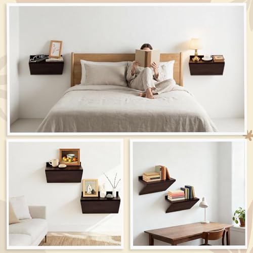 Fiwochic 2 Pack 13 x 7 x 5.5 Inch Floating Nightstand Wooden Bedside V Shape Wall Shelf Wall Mounted Hanging Floating Side Tables Bedroom for Bedroom, Living Room, Bathroom, Kitchen, Office Fiwochic