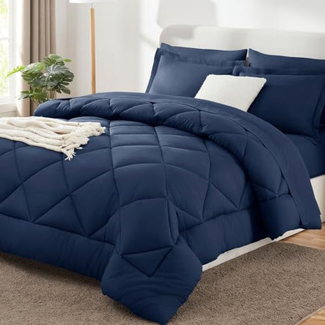 CozyLux Full Size Comforter Sets Navy Blue - 7 Pieces Bed in a Bag Full, Luxury Soft Bed Set for All Seasons, Bedding Set with Down Alternative Comforter, Sheets, Pillowcases & Shams CozyLux