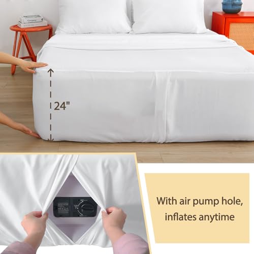 Air Mattress Sheet Set Twin Size,3 Piece Deep Pocket Bed Sheet Set for 16-24 Inch Air Bed,Easy Inflate Access,Perfect for Guest Room, RV, Camping,White Bedecor