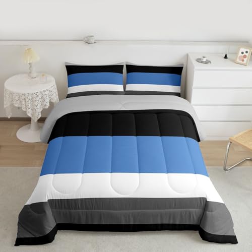 Patchwork Striped Down Comforter Twin Boys Blue Black Dark Gray Bedding Set Bedroom Dorm Decor,Kids Modern Simple Light Grey White Stripes Comforter Set Soft Lightweight Quilt Duvet Insert 2 Pcs Erosebridal
