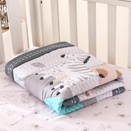 Wowelife Mini Crib Bedding Set Boy, 3 Piece Baby Bedding Set Nursery Bedding Set Elephant, Giraffe, Zebra Breathable Soft for Baby Boy with Comforter, Crib Fitted Sheet and Crib Skirt, Gray Wowelife