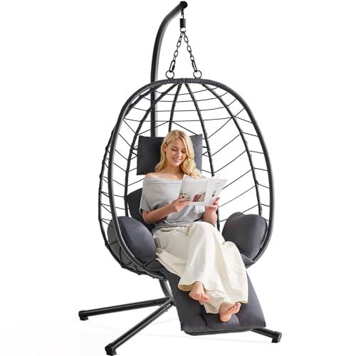 ONBRILL Hanging Egg Chair with Adjustable Footrest & Stand, Wicker Rattan Swing Hammock Chair with Cushion & Double Chains, 350LBS Capacity for Outdoor & Indoor Patio, Deck, Bedroom, Balcony (BL-GR)