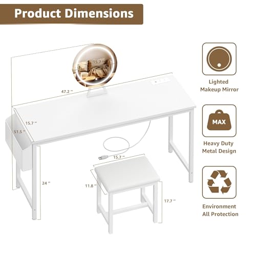 KAI-ROAD White Vanity Table with Lighted Mirror - 47“ White Vanity Desk with Mirror and Lights & Chair, Makeup Vanitys Set with Power Outlet, Dressing Table Vanities for Girls Bedroom KAI-ROAD