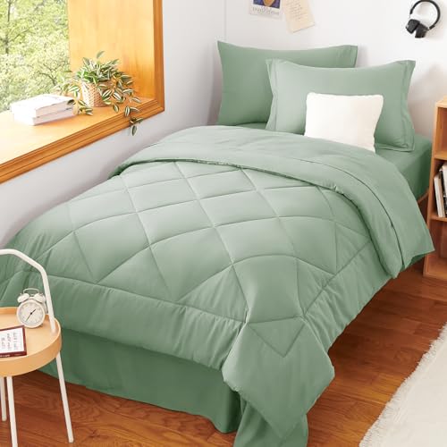 CozyLux Twin Comforter Set with Sheets Sage Green - 5 Pieces Bed in a Bag Twin, All Season Bed Set for Girls and Boys, Bedding Set with Down Alternative Comforter, Sheets, Pillowcase & Sham CozyLux
