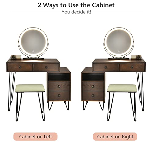 DORTALA Vanity Set, Wooden Makeup Dressing Table with 3 Colors Lighted Mirror & Stool, Left or Right Side Cabinet, Lipstick Storage Box, Large