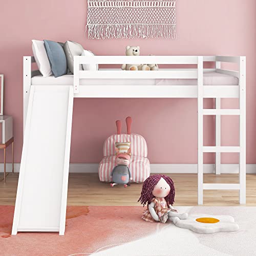 Full Size Loft Bed with Slide, Low Loft Bed with Ladder & Safety Rail, Wooden Full Loft Bed Frame for Kids Teens Girls & Boys, No Box Spring Needed, Easy Assemble (Full, White) Harper & Bright Designs