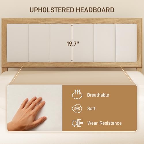 HOMCOM Full Size Bed Frame with Upholstered Headboard, Platform Bed Frame with Wooden Slats, No Box Spring Needed, Easy Assembly, Natural HOMCOM
