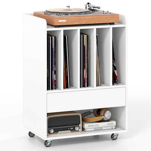 Giantex Record Player Stand, Rolling Turntable Stand with Drawer & Lockable Wheels, Record Player Table Holds Up to 150 Albums, Vinyl Record Storage for Living Room Bedroom, White Giantex