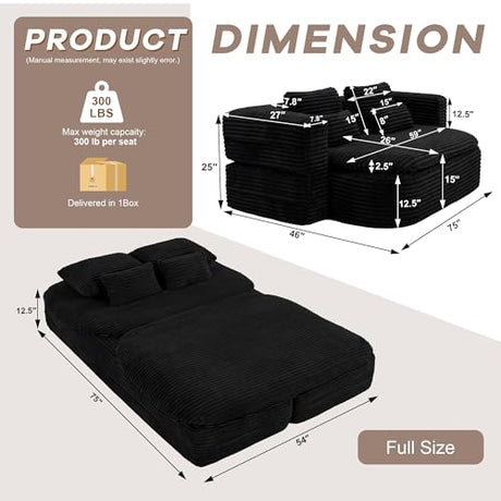 IZLKQC 75'' Folding Sleeper Sofa Bed, Convertible Memory Foam Boneless Couch, Foldable Full Size Guest Bed, Modern 2-in-1 Futon Floor Sleeper Sofa with 4 Pillows and Blanket (Corduroy, Black) IZLKQC
