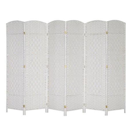 VINGLI 6-Panels Tall Rattan Room Divider, 6 FT Folding Privacy Screen, Indoor Partition Wall Dividers, Freestanding Hinged Space Separator (White) VINGLI