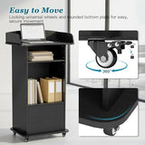 Qriocioa Podium Stand with Metal Wheels Wooden Lectern Podium Stand Portable Pulpit Standing with Storage Mobile Reception Podiums Desk for Church Office School Conference Restaurant Meeting, Black