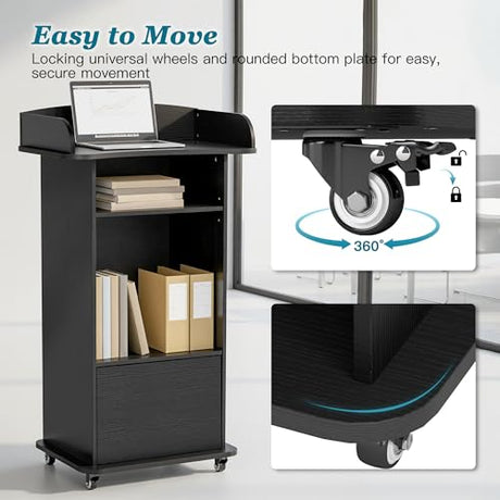 Qriocioa Podium Stand with Metal Wheels Wooden Lectern Podium Stand Portable Pulpit Standing with Storage Mobile Reception Podiums Desk for Church Office School Conference Restaurant Meeting, Black Qriocioa