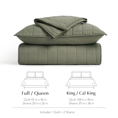 EVERGRACEHOME 100% Cotton Box Stitch Quilt Bedding Set Queen Size 3 Pieces, Garment-Washed Lightweight Soft Cozy Coverlet, Quilted Bedspread Sets with 2 Shams for All Season, Olive Green EVERGRACEHOME