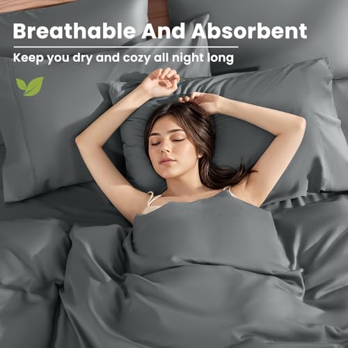 Shilucheng 100% Viscose Derived from Bamboo_Sheets, Extra Deep Pocket Sheets Fits 18"-24" Thick Mattress, Cooling & Breathable Bed Sheets 4Pcs, Hotel Silky Bedding Set (Queen,Dark Grey) Shilucheng