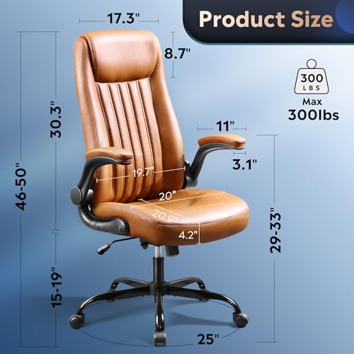 DEVAISE Executive Chair Computer Office Chair, High Back Ergonomic Desk Chair with Adjustable Flip-up Armrests, Lumbar Support and Thick Headrest, Brown DEVAISE