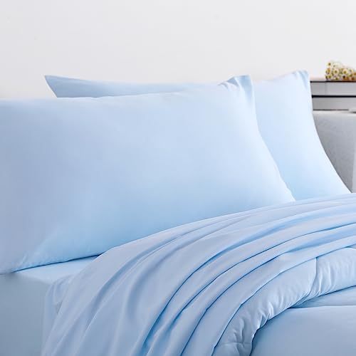 NTBAY Twin Comforter Set with Sheets, 5 Pieces Soft and Breathable Bedding Set, Twin Bed in a Bag, Down Alternative Comforter Set Solid Color All Season, Kids Bedding Set, Aqua NTBAY