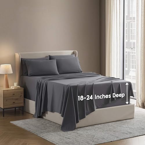 Nestl Extra Deep Cal King Sheet Set - 6 Piece Breathable & Cooling Sheets - Hotel Luxury Bedding Set w/18-24 Inch Deep Pockets - Easy & Secure Fit - Super Soft, Wrinkle Free & Comfy - Dark Gray Nestl