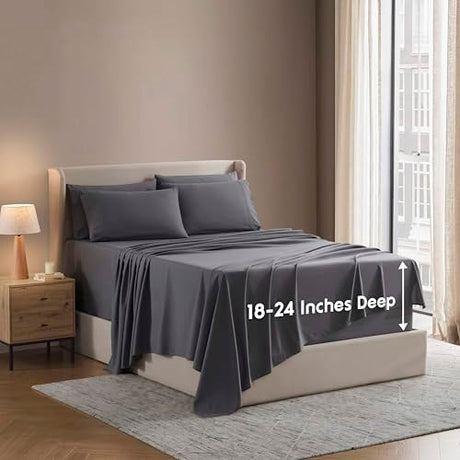 Nestl Extra Deep Cal King Sheet Set - 6 Piece Breathable & Cooling Sheets - Hotel Luxury Bedding Set w/18-24 Inch Deep Pockets - Easy & Secure Fit - Super Soft, Wrinkle Free & Comfy - Dark Gray Nestl