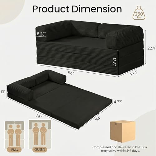 Tri-Folding Mattress Futon Sofa Bed, Convertible Foldable Mattress with Removable Armrests & Washable Cover, 5'' Floor Mattress with High-Density Foam, Small Couch Bed, No-Assembly, Full, Black Erament