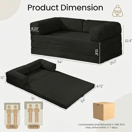 Tri-Folding Mattress Futon Sofa Bed, Convertible Foldable Mattress with Removable Armrests & Washable Cover, 5'' Floor Mattress with High-Density Foam, Small Couch Bed, No-Assembly, Full, Black Erament