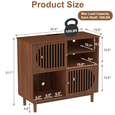 Large Record Player Stand with Storage & LED Lights, Vinyl Record Storage Cabinet with Charging Station Holds Up to 350 Albums, Mid Century Modern Turntable Stand for Living Room (Walnut) YKVIQBY
