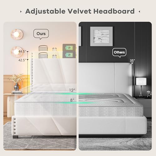 EnHomee Full Size Bed Frame, Velvet Bed Frame with Headboard and Led Light, Platform Bed Frame for Bedroom Apartment, Dorm, Noise-Free, Easy Assembly, Beige EnHomee