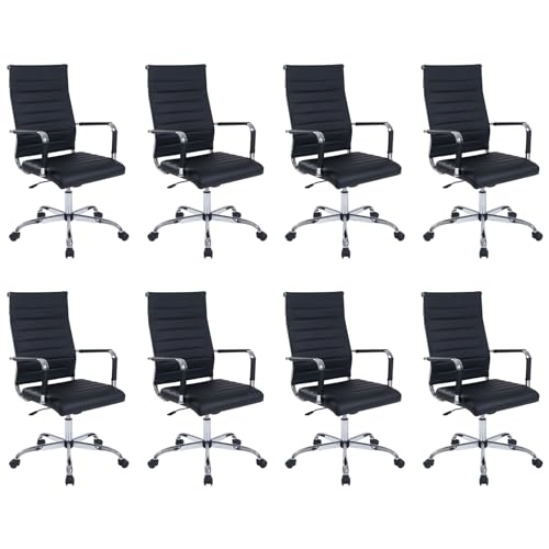 Walmokid Office Desk Chair with Wheels Set of 8, Ergonomic Black Leather Conference Room Chairs Height Adustable | Ribbed High Back | Swivel Rolling Task Chair, Black Walmokid
