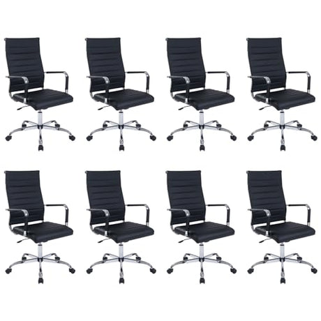 Walmokid Office Desk Chair with Wheels Set of 8, Ergonomic Black Leather Conference Room Chairs Height Adustable | Ribbed High Back | Swivel Rolling Task Chair, Black Walmokid