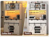 72" Farmhouse Bar Cabinet w/ 60000-color LED Lights,Outlet,Sliding Barn Door,Large Coffee Bar w/Hutch,Wine & Glasses Rack,4 Drawers,12 Shelves,Kitchen Buffet Sideboard for Kitchen,Dining Room chartustriable