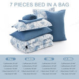 Blue Comforter Set King 7 Piece Bed in a Bag Toile de Jouy Botanical Comforter with Sheet Set Soft Micorfiber Bedding Set (1 Comforter,2 Pillow Shams,1 Flat Sheet,1 Fitted Sheet,2 Pillowcases) Xruibed