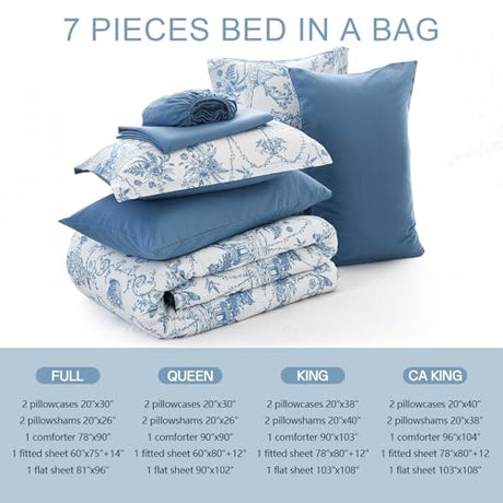 Blue Comforter Set King 7 Piece Bed in a Bag Toile de Jouy Botanical Comforter with Sheet Set Soft Micorfiber Bedding Set (1 Comforter,2 Pillow Shams,1 Flat Sheet,1 Fitted Sheet,2 Pillowcases) Xruibed
