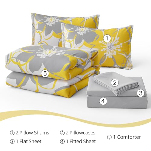 Anibedding Yellow Floral Comforter Set King Size 7 Pieces Reversible Bed in a Bag with Sheets Set for All Season, Soft Microfiber Complete Bedding Set King (104"x90") Anibedding