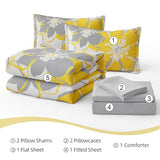 Anibedding Yellow Floral Comforter Set King Size 7 Pieces Reversible Bed in a Bag with Sheets Set for All Season, Soft Microfiber Complete Bedding Set King (104"x90") Anibedding