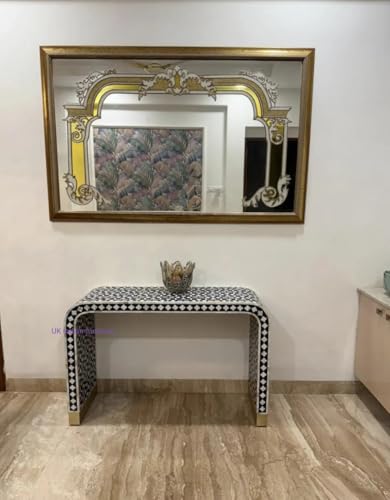 Black and White Geometric Pattern Mother of Pearl Inlay Console Table, Modern Entryway Accent Furniture with Gold Base Generic