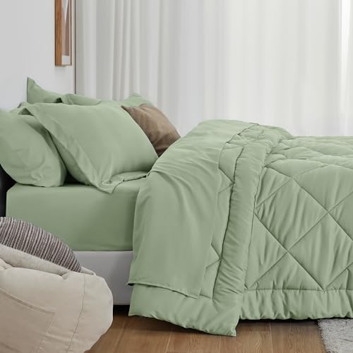 Love's cabin Twin Comforter Set Sage, 5 Pieces Twin Bed in a Bag, All Season Bedding Sets with 1 Comforter, 1 Flat Sheet, 1 Fitted Sheet, 1 Pillowcase and 1 Pillow Sham Love's cabin