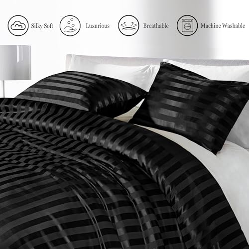 Whale Flotilla 3-Piece Reversible Silky Soft King Size Comforter Set, Luxury Stripe Satin Oversized Comforter Bedding Set with 2 Satin Pillowcases, Lightweight Duvet for All Seasons, Black Whale Flotilla