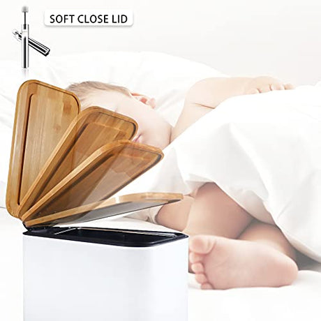 SIDIANBAN Bathroom Trash Can with Bamboo Lid Soft Close and Foot Pedal, Small Rectangular Slim Garbage Can with Inner Wastebasket for Bedroom, Office, Kitchen, 1.3Gal/5L, White SIDIANBAN