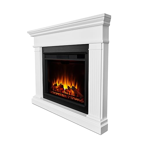 Real Flame Kennedy Grand Corner Electric Fireplace with Mantel for Living Room or Bedroom, Replaceable Fireplace Insert Heater, Realistic Log and Flame Effect, Remote Control, Timer, White Real Flame