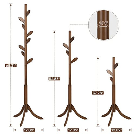 Coat Rack Freestanding Bamboo Coat Tree Rack with 8 Leaf Hooks, 3-Size Height Adjustable for Adults & Younger, Clothes Hanger Stand for Jacket, Hat, Entryway/Hallway/Corner/Bedroom (Vintage Brown) Bekrvio
