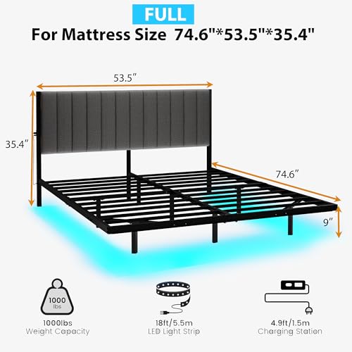 JUISSANO Floating Full Bed Frame with LED Lights & Charging Station,Metal Platform Bed Frame Full Size with Upholstered Headboard,No Box Spring Needed,Heavy Duty Steel Slats,Easy to Assemble No Noise JUISSANO